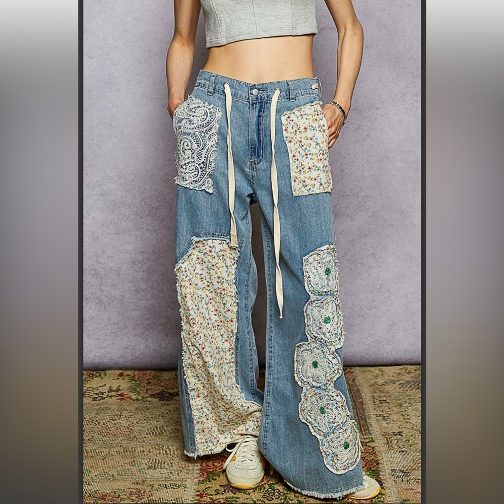 POL Blue Patchwork Wide-Leg Pants - image 1